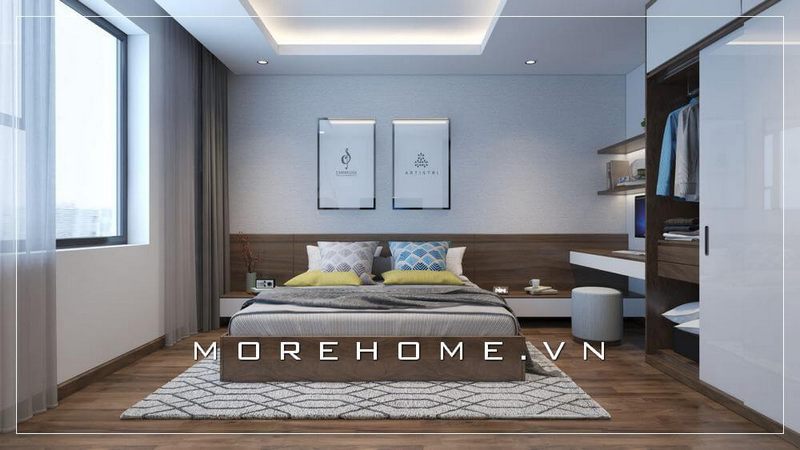 Thiết kế nội thất phòng ngủ chung cư hiện đại và trẻ trung với mẫu giường ngủ gỗ công nghiệp